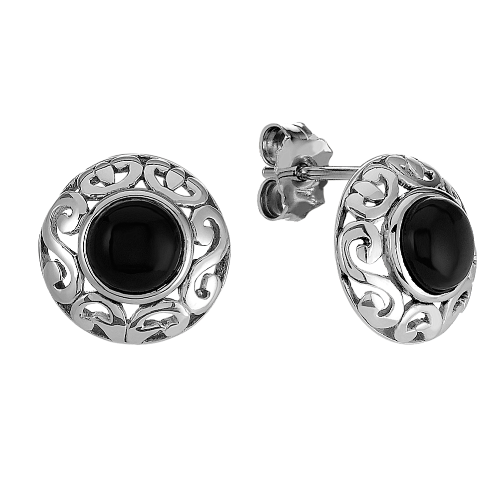 BlackAgate Decorative Disc Earrings in Sterling Silver