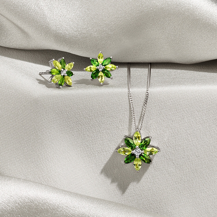 Natural Chrome Diopside, Natural Peridot and White Natural Sapphire Floral Earrings