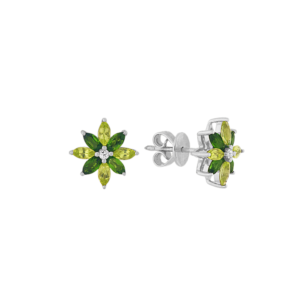 Natural Chrome Diopside, Natural Peridot and White Natural Sapphire Floral Earrings