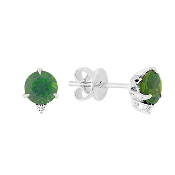 Chrome Diopside and Diamond Earrings in 14k White Gold