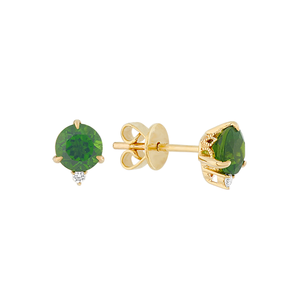 Chrome Diopside and Diamond Earrings in 14k Yellow Gold