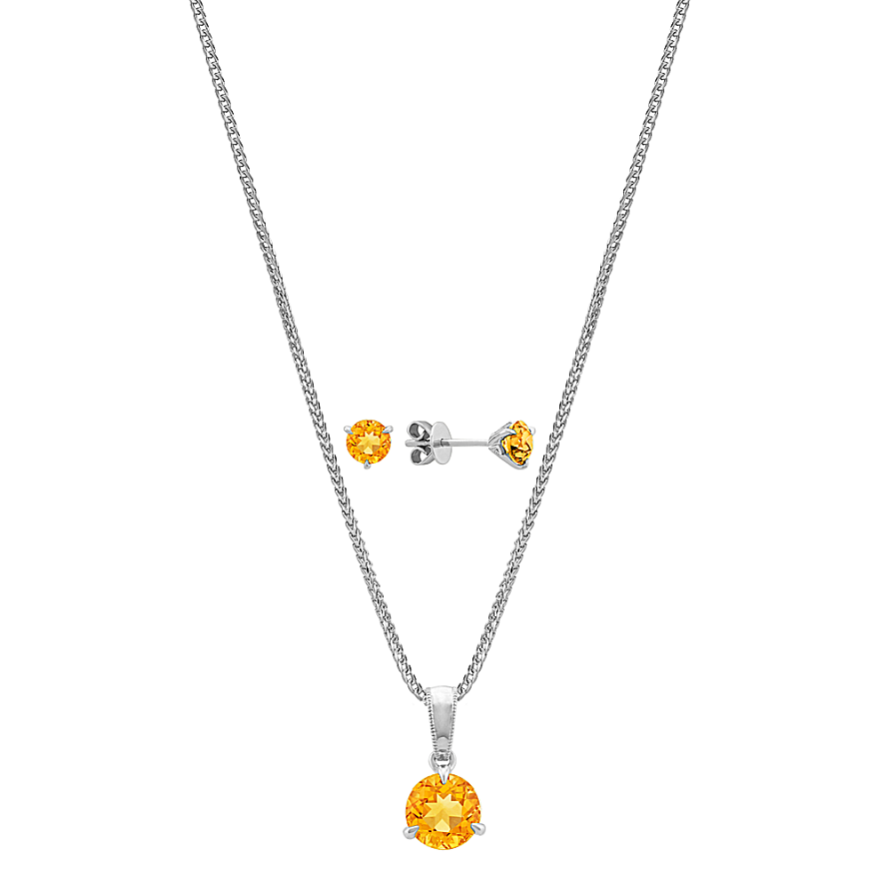 Citrine Solitaire Pendant and Earrings Set