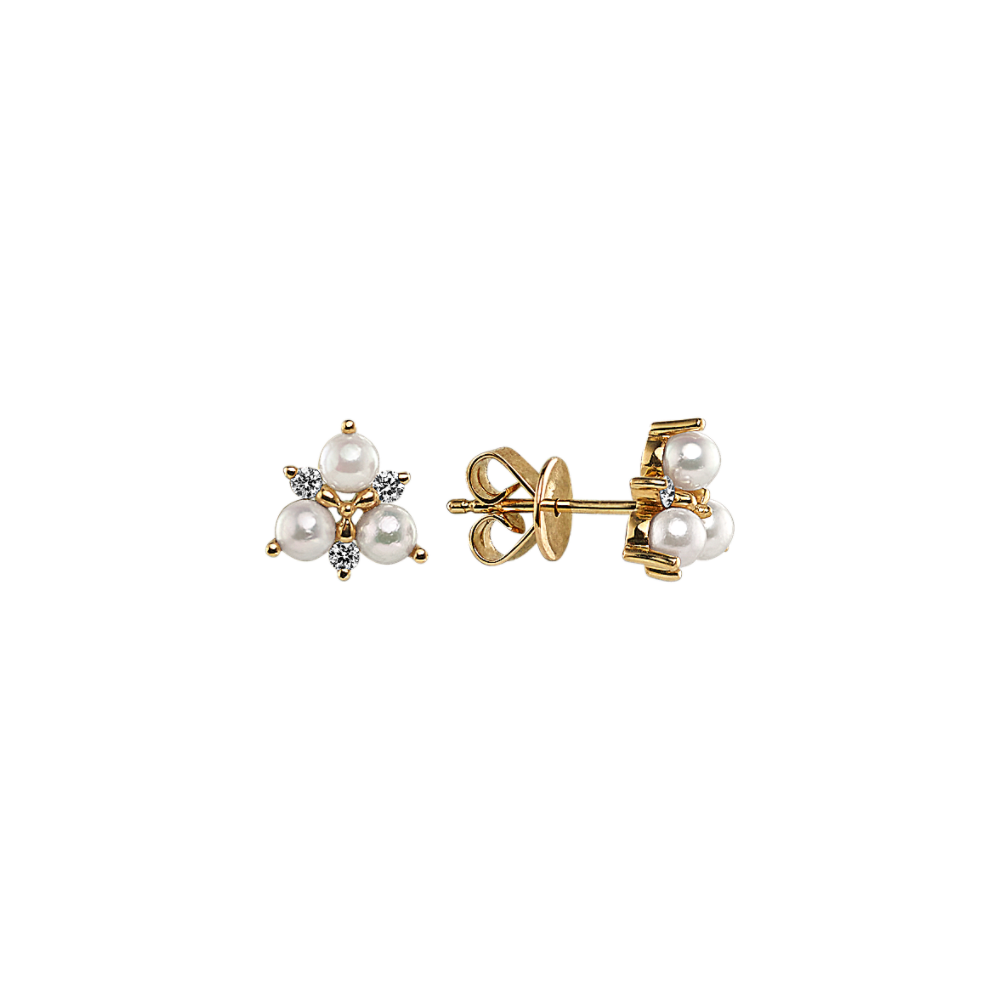 Tallulah 3mm Cultured Freshwater Pearl and Natural Diamond Earrings in 14K Yellow Gold