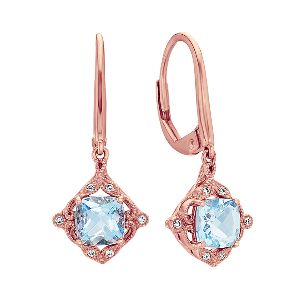 Cushion Cut Aquamarine and Diamond Dangle Earrings