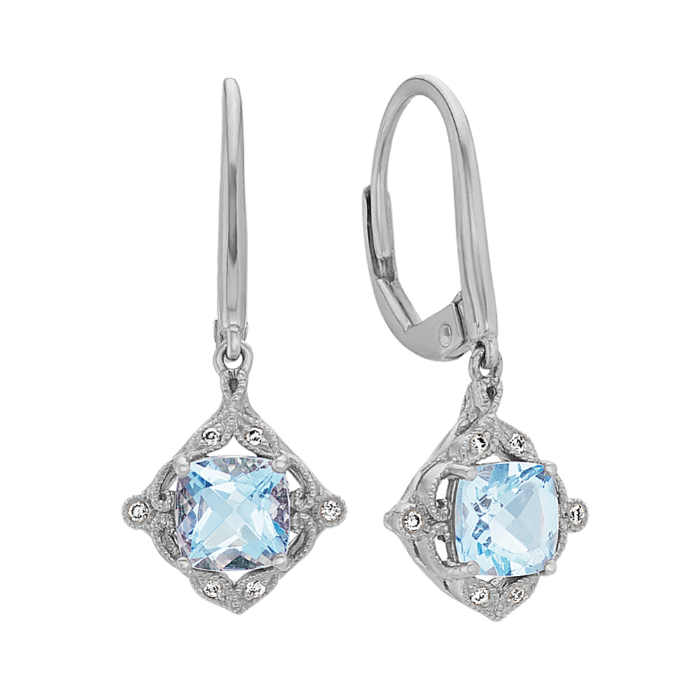Cushion Cut Aquamarine and Diamond Dangle Earrings