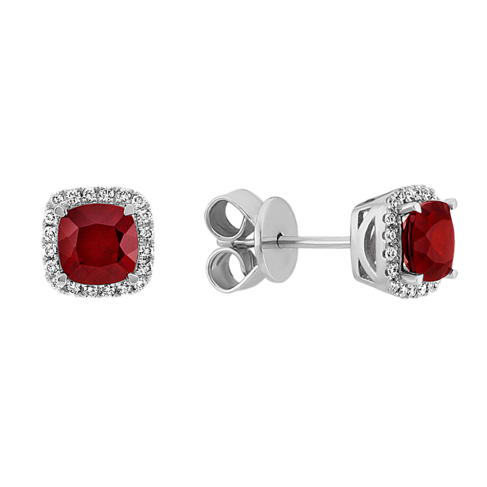 Cushion Cut Garnet and Round Diamond Halo Earrings in Sterling Silver