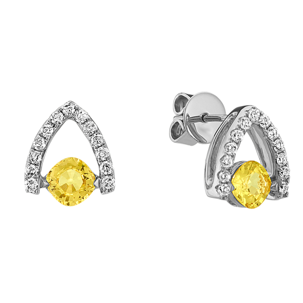 Cushion Cut Yellow Sapphire and Round Diamond Earrings