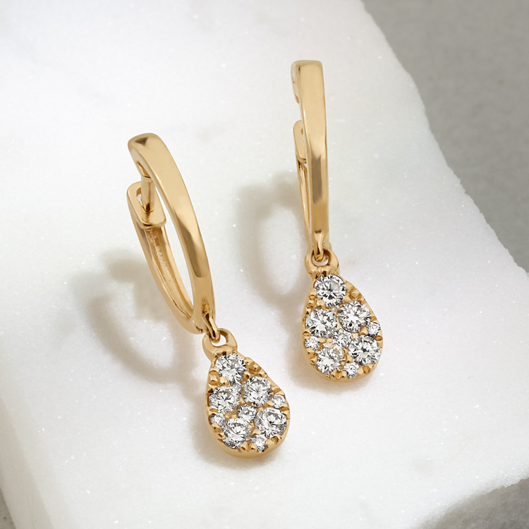 Natural Diamond Dangle Hoops in 14k Yellow Gold