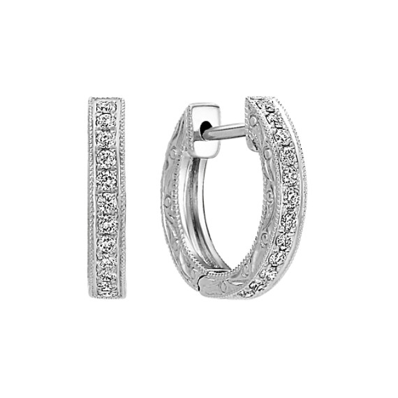 Diamond Hoop Earrings With Filigree Engraved Sides Shane Co Diamond Hoop Earrings With Filigree Engraved Sides
