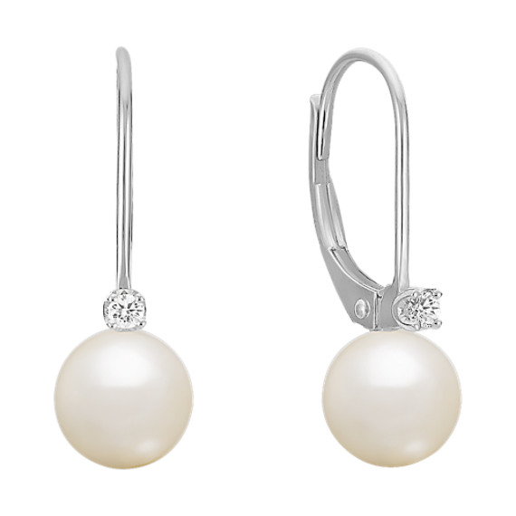 Diamond and 6.5mm Cultured Freshwater Pearl Leverback Earrings | Shane Co.