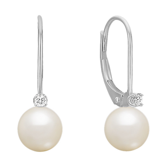 Diamond And 6 5mm Cultured Freshwater Pearl Leverback Earrings Diamond And 6 5mm Cultured Freshwater Pearl Leverback Earrings