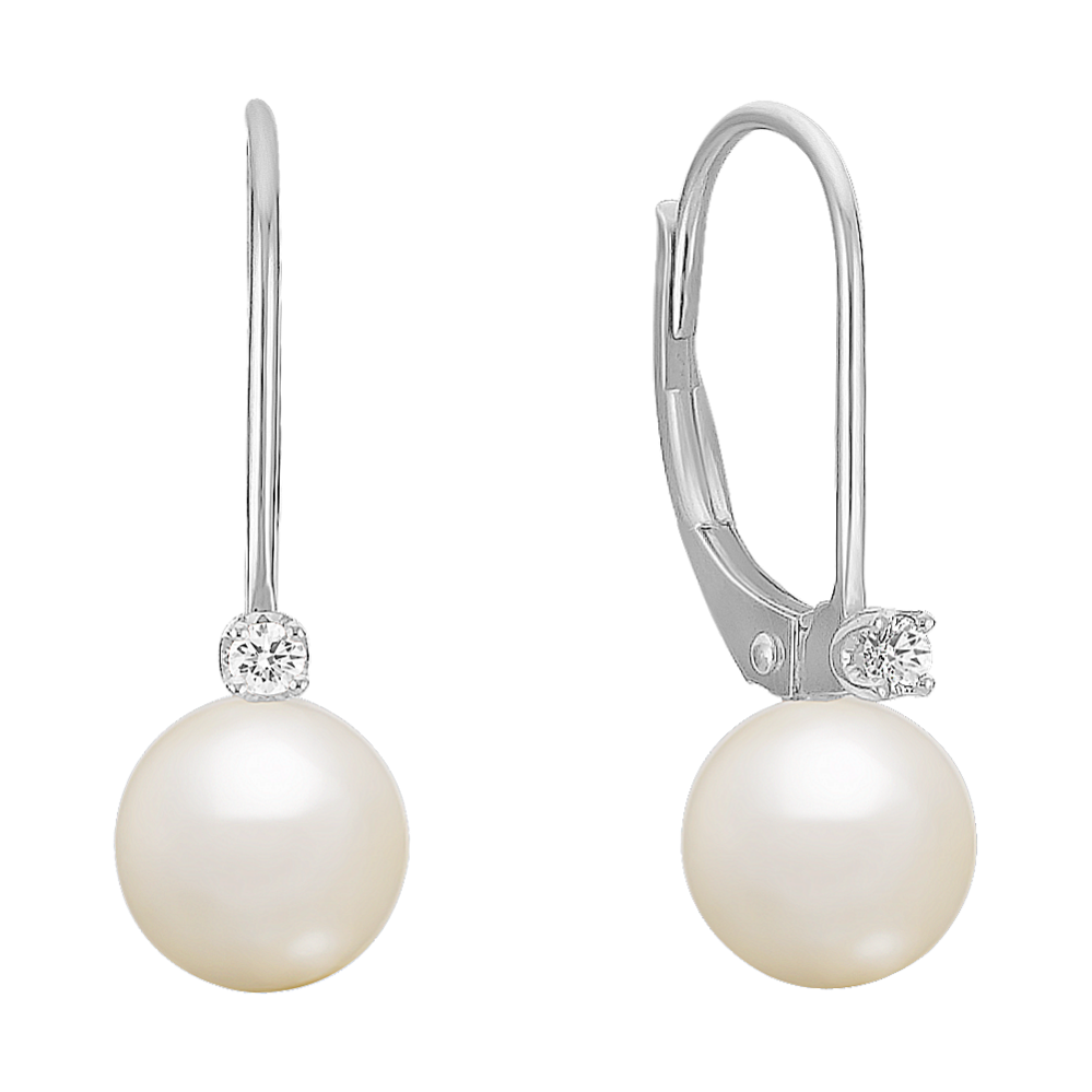 Diamond and 6.5mm Freshwater Cultured Pearl Leverback Earrings