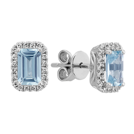 Emerald Cut Aquamarine and Diamond Earrings