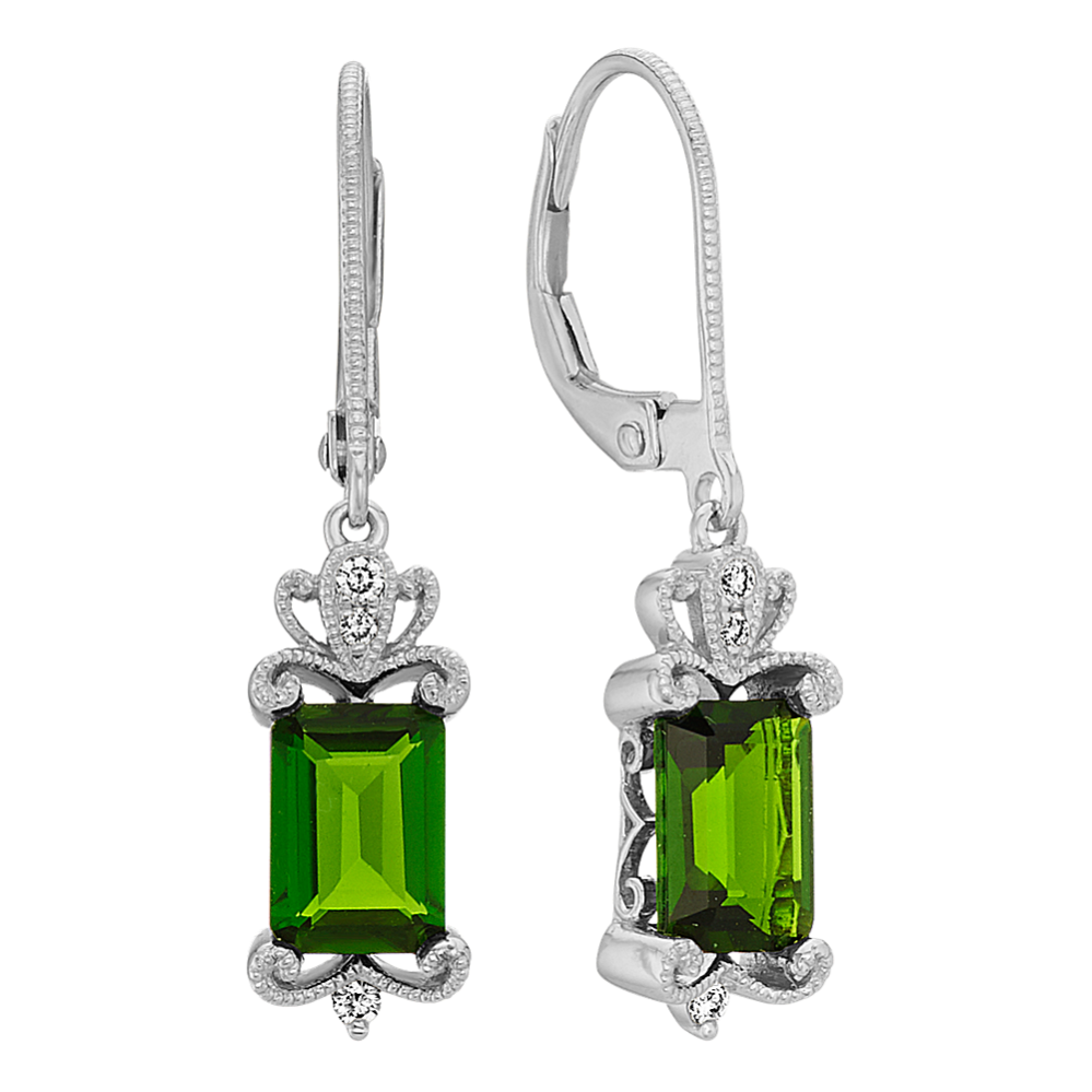 Emerald Cut Chrome Diopside and Diamond Dangle Earrings