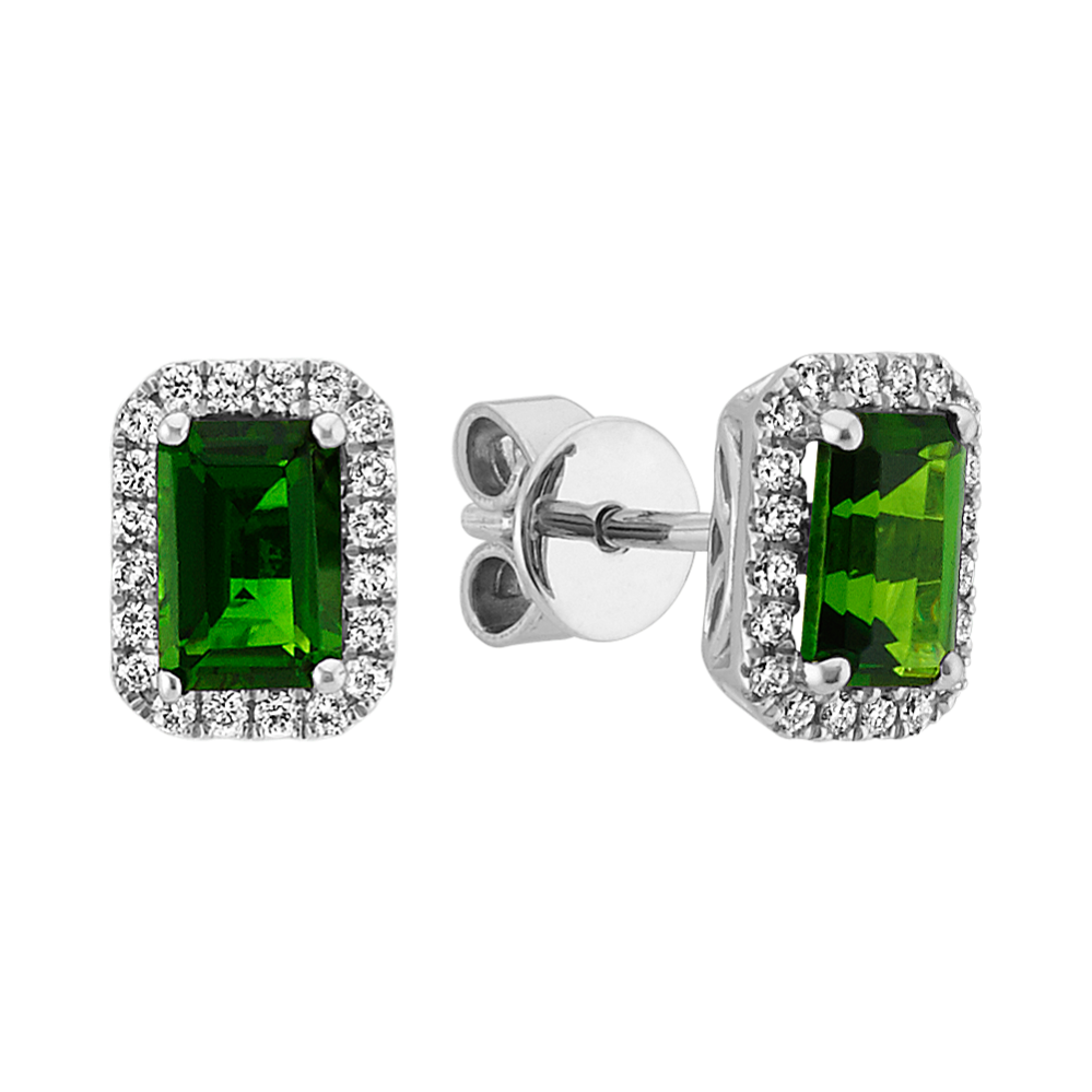 Emerald Cut ChromeDiopside and Round Diamond Earrings in Sterling Silver
