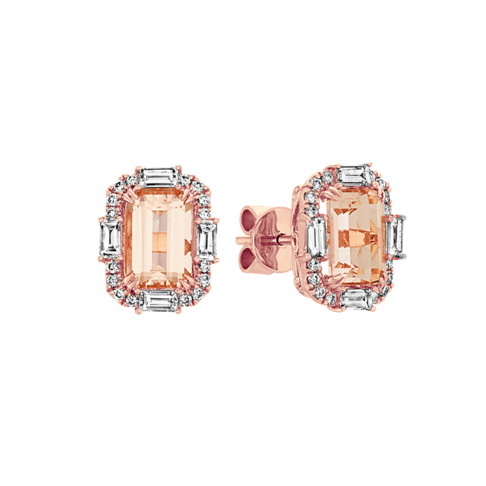 Emerald Cut Morganite and Diamond Earrings