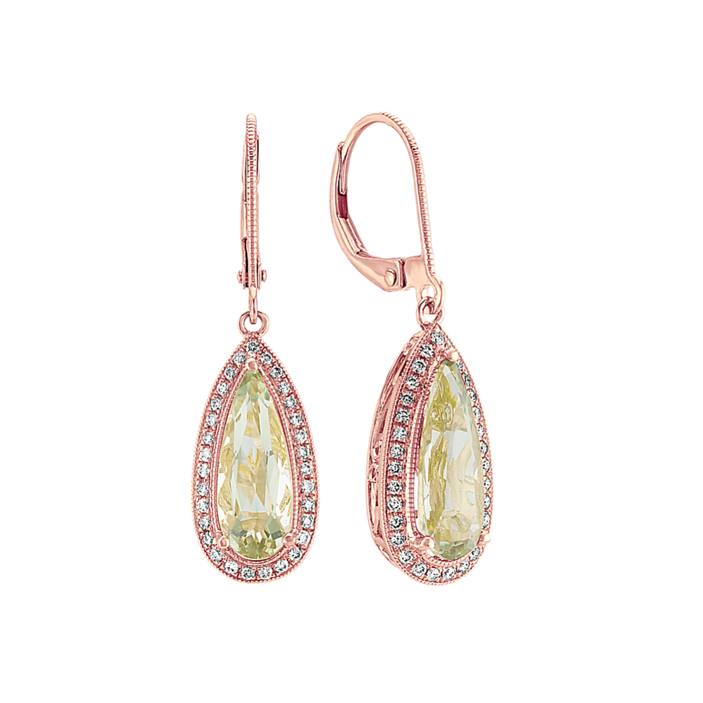Green Quartz and Diamond Dangle Earrings in 14k Rose Gold