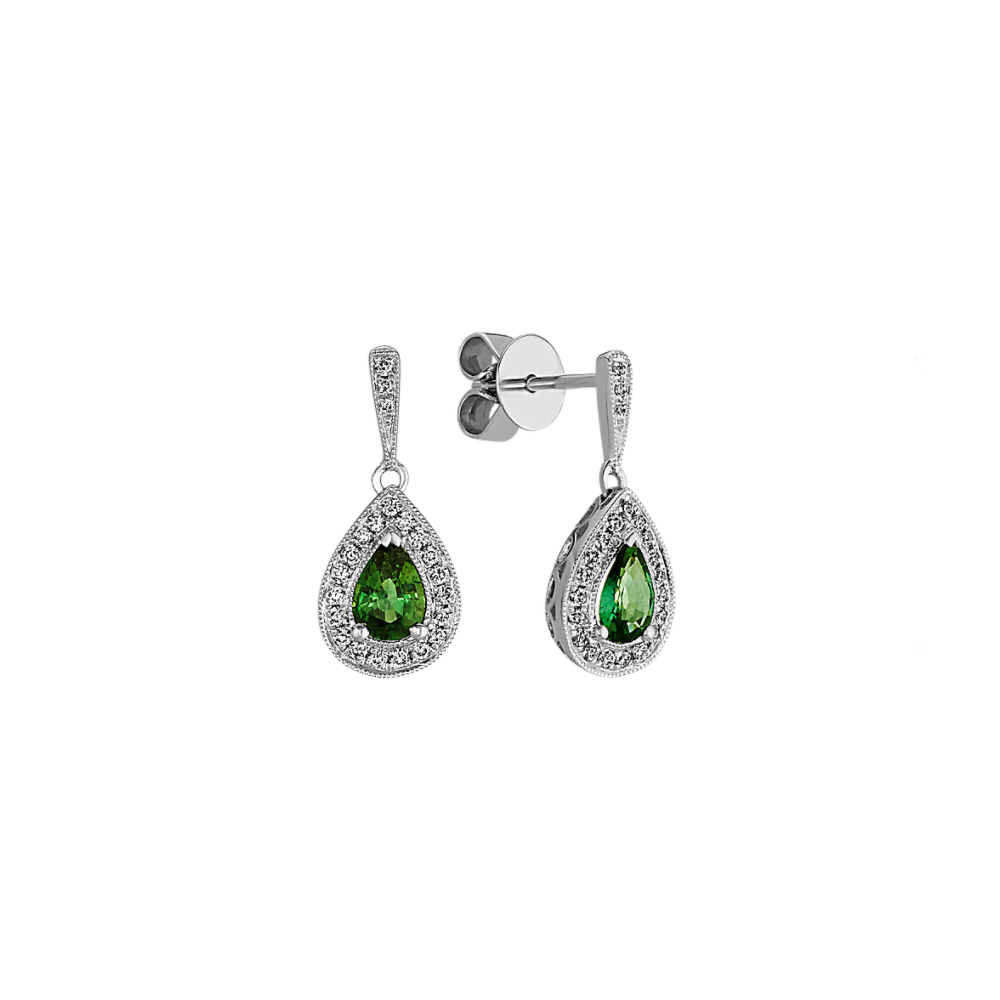 Green Natural Sapphire and Natural Diamond Dangle Earrings