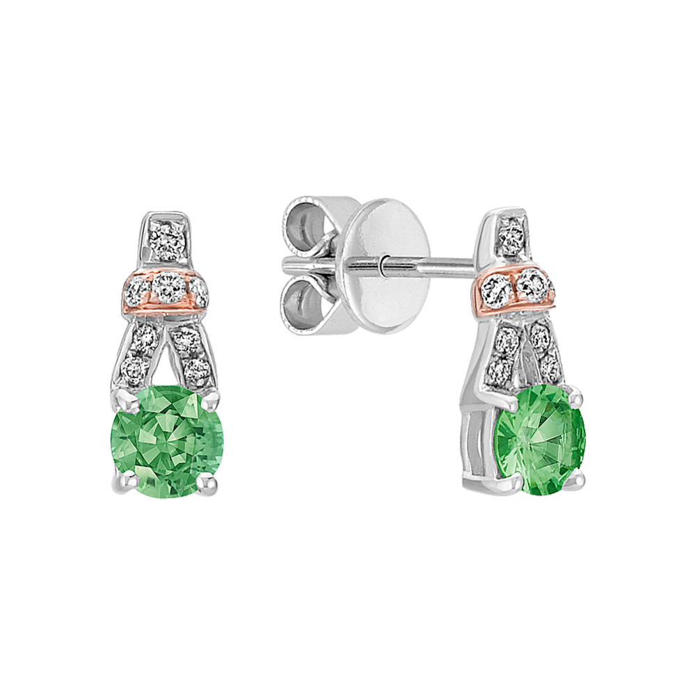 Green Sapphire and Diamond Earrings in 14k Rose and White Gold