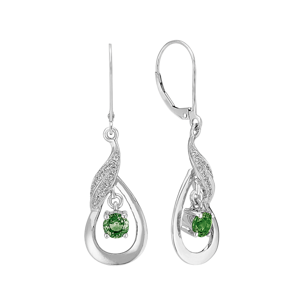 Green Sapphire and Diamond Earrings in Sterling Silver