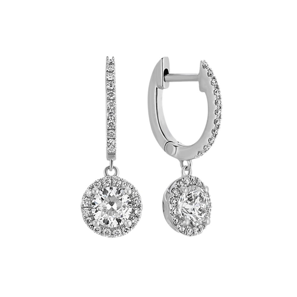 Halo Natural Diamond Drop Earrings in 14k White Gold