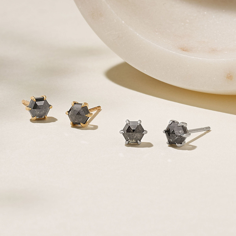 Hexagon Pepper Natural Diamond Earrings in 14k White Gold
