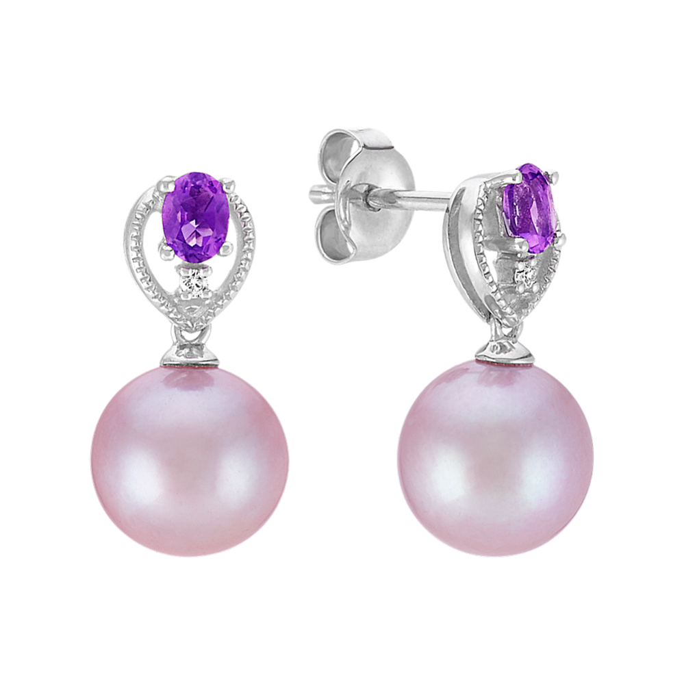 Lavender Freshwater Cultured Pearl and Oval Amethyst Earrings