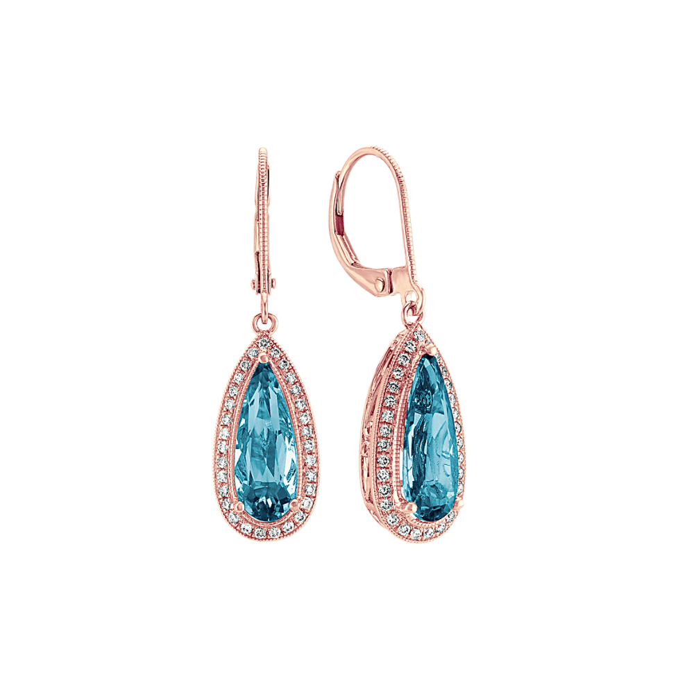 Natural London Blue Topaz and Natural Diamond Dangle Earrings in 14k Rose Gold