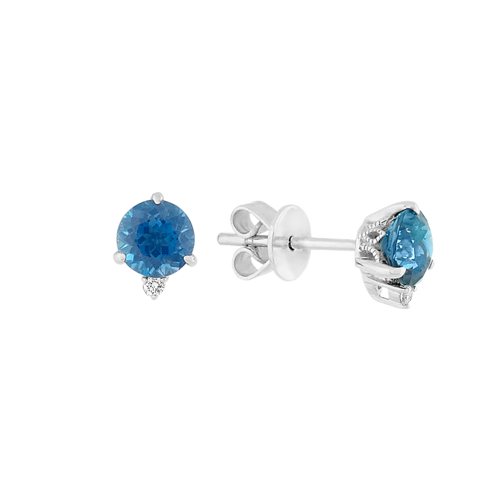 Natural London Blue Topaz and Natural Diamond Earrings in 14k White Gold