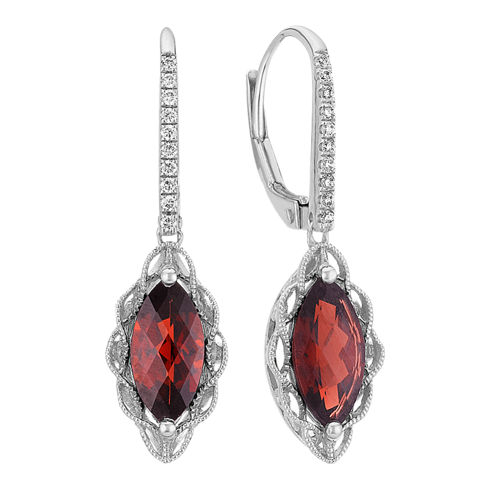 Marquise Garnet and Round Diamond Leverback Earrings