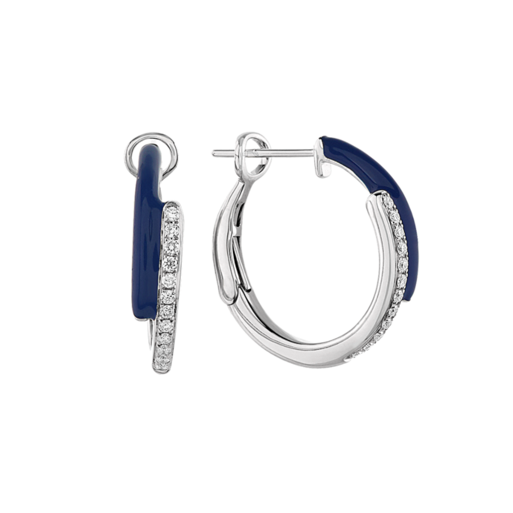 Navy Blue Enamel Diamond Hoop Earrings