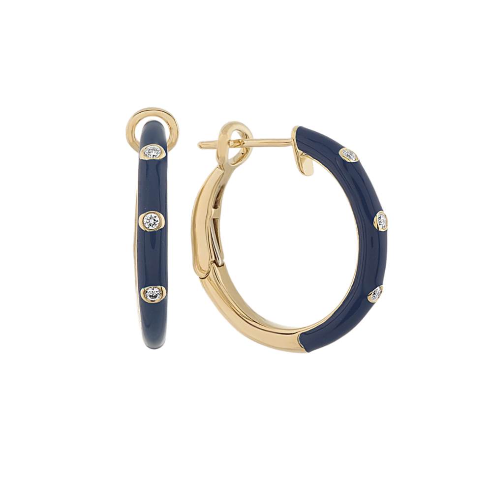Navy Enamel Natural Diamond Hoop Earrings
