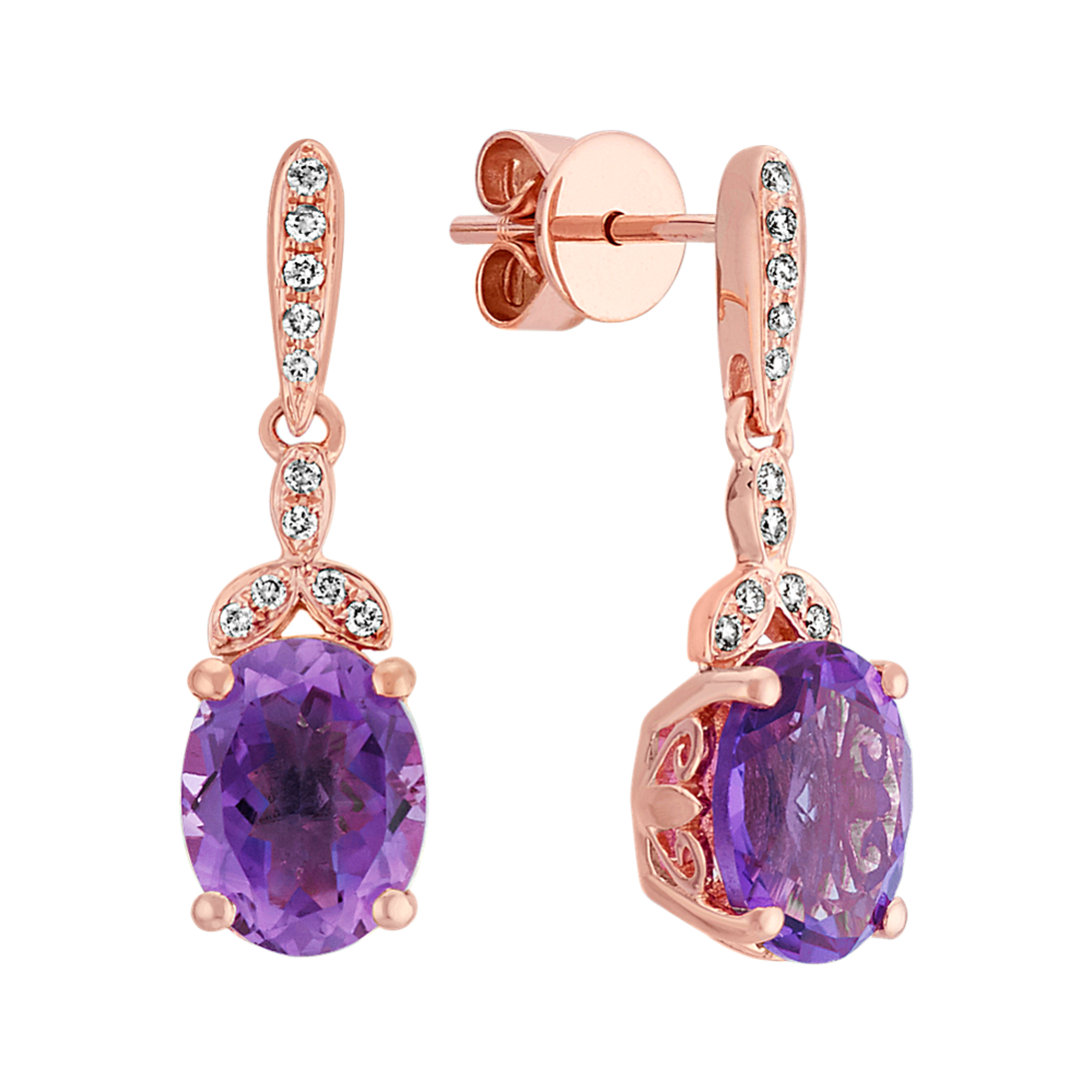 Oval Amethyst and Round Diamond 14k Rose Gold Dangle Earrings