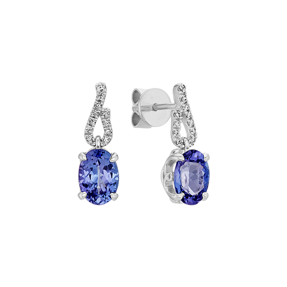 Oval Blue Natural Tanzanite and Round Natural Diamond Earrings