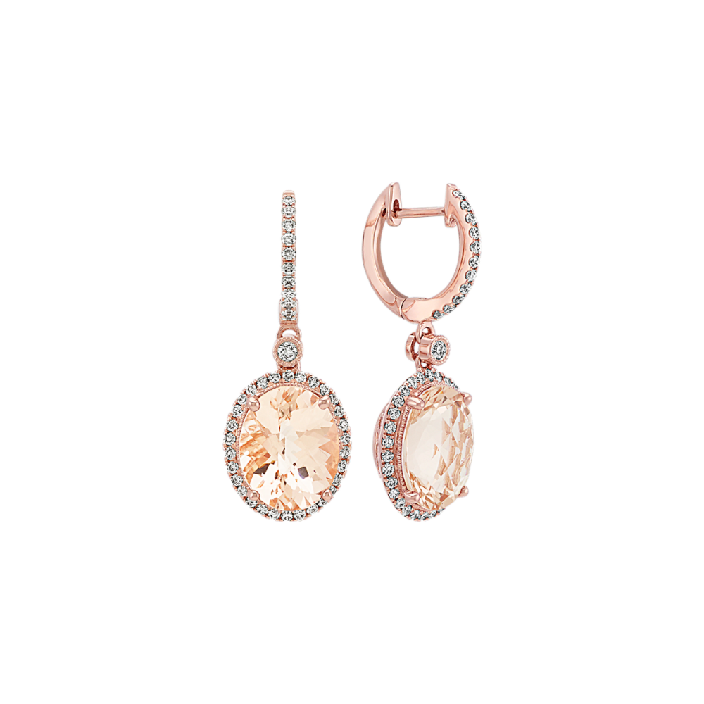 Oval Natural Morganite and Round Natural Diamond Leverback Earrings in Rose Gold