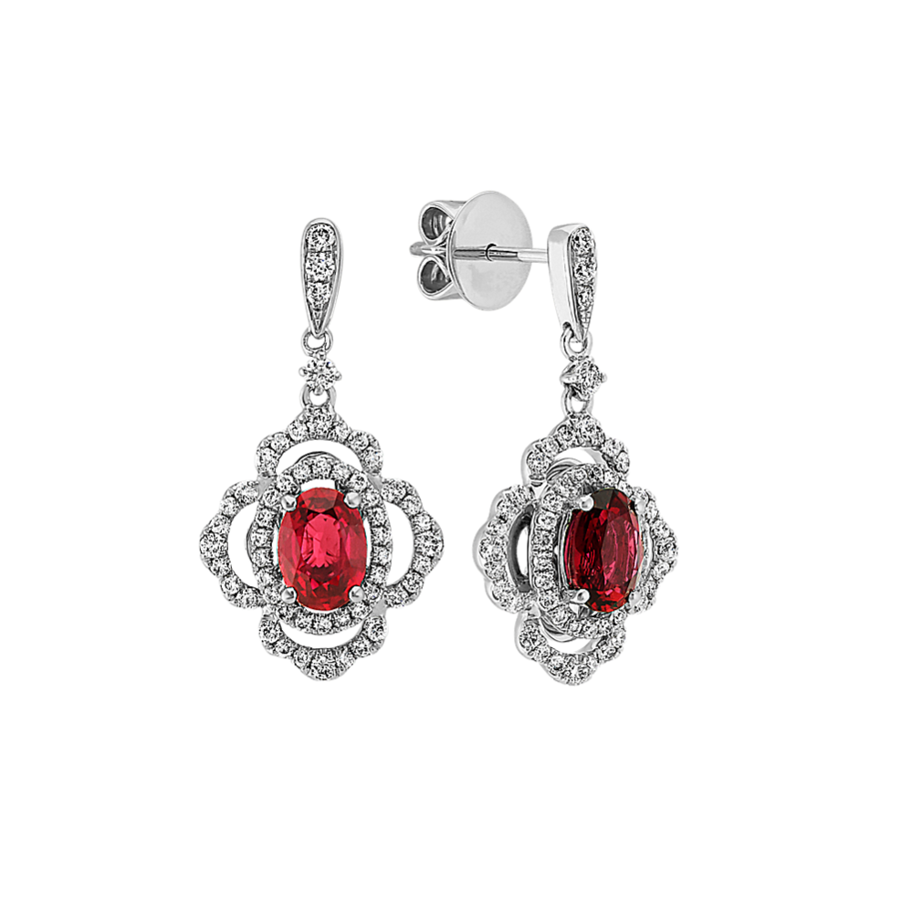 Oval Ruby and Round Diamond Dangle Earrings