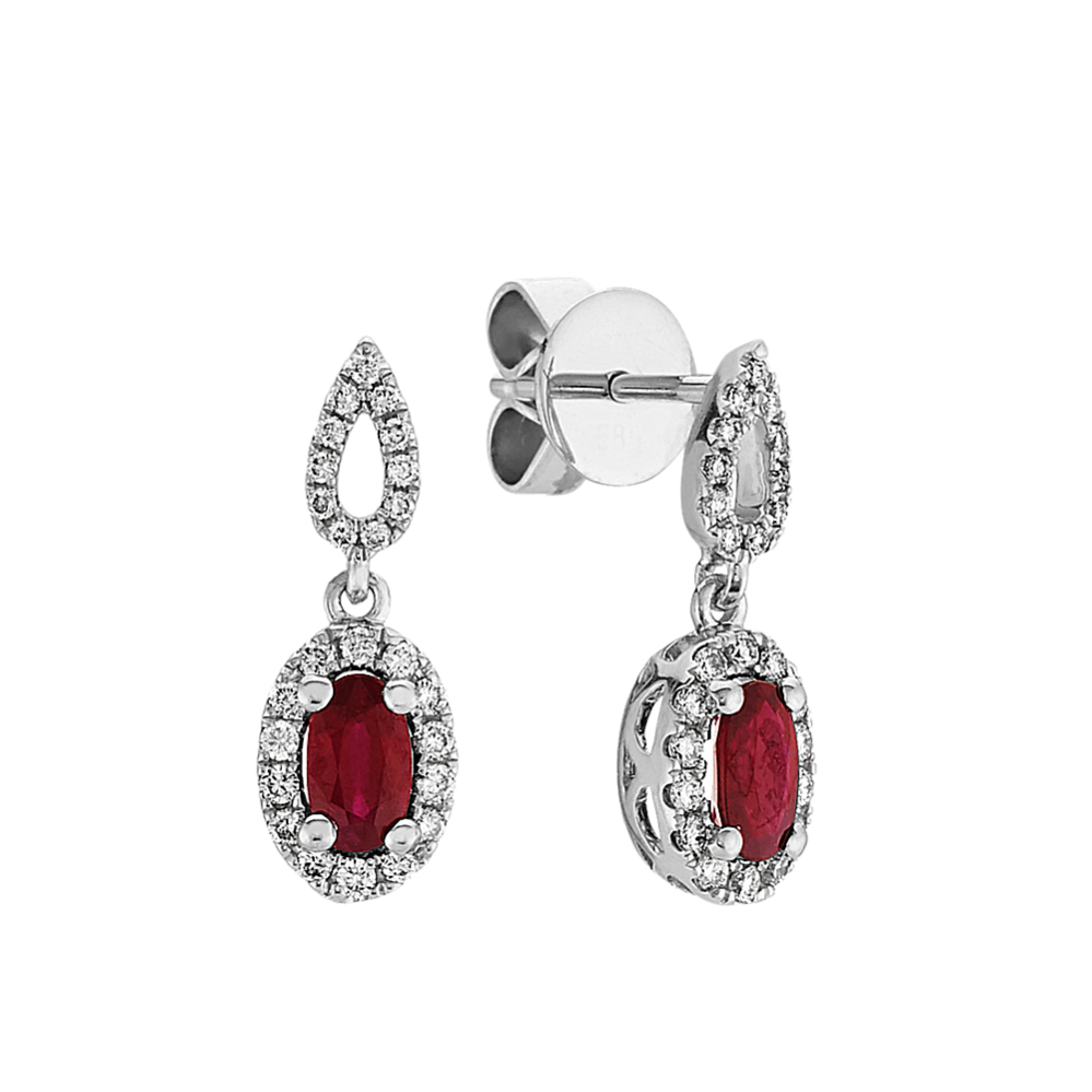Oval Ruby and Round Diamond Dangle Earrings