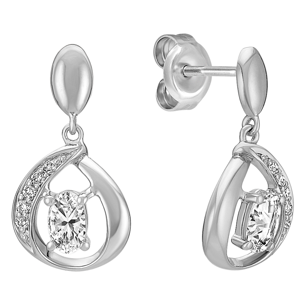 Oval White Sapphire and Round Diamond Dangle Earrings in Sterling Silver