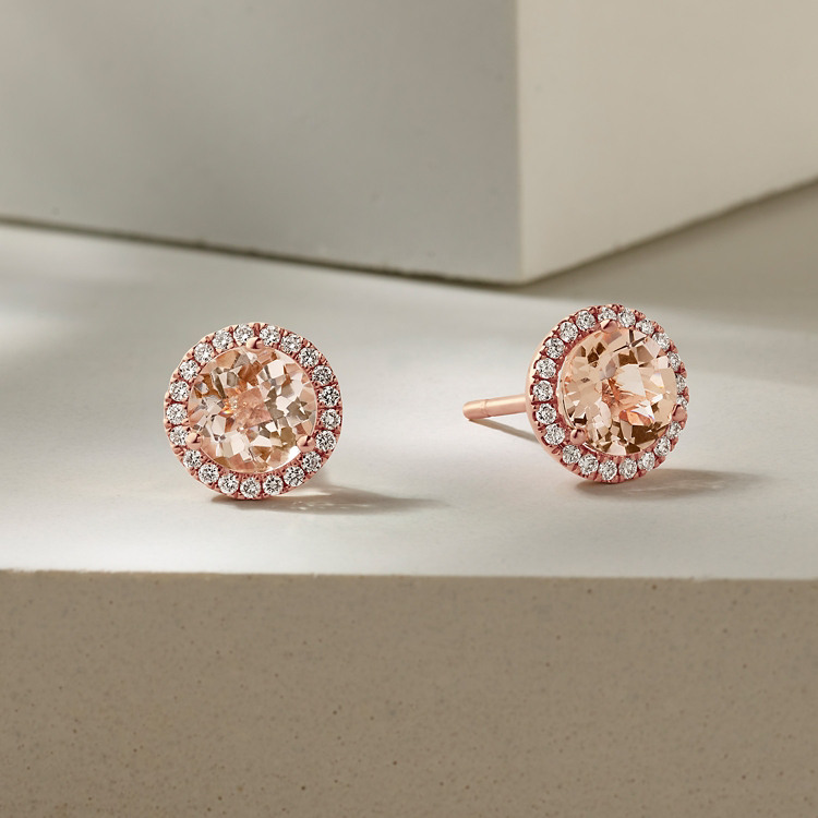 Peach Natural Morganite and Natural Diamond Earrings in 14K Rose Gold