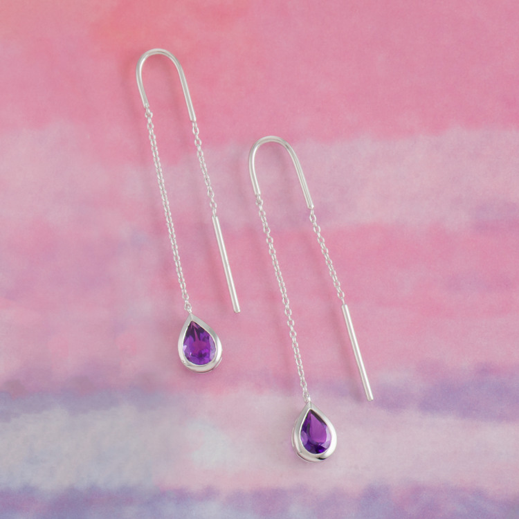 Pear-Shaped Natural Amethyst Threader Earrings in Sterling Silver