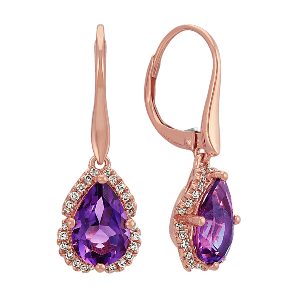 Pear-Shaped Amethyst and Round Diamond 14k Rose Gold Earrings