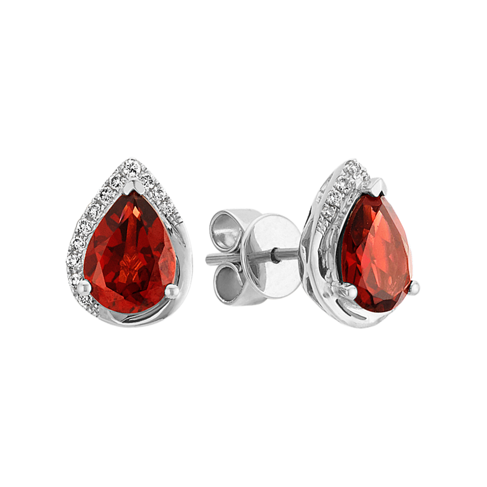 Pear-Shaped Garnet and Round Diamond Sterling Silver Earrings