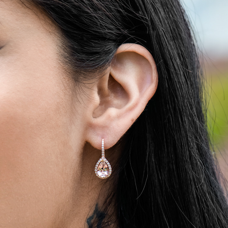 Pear-Shaped Natural Morganite and Natural Diamond Earrings in 14k Rose Gold