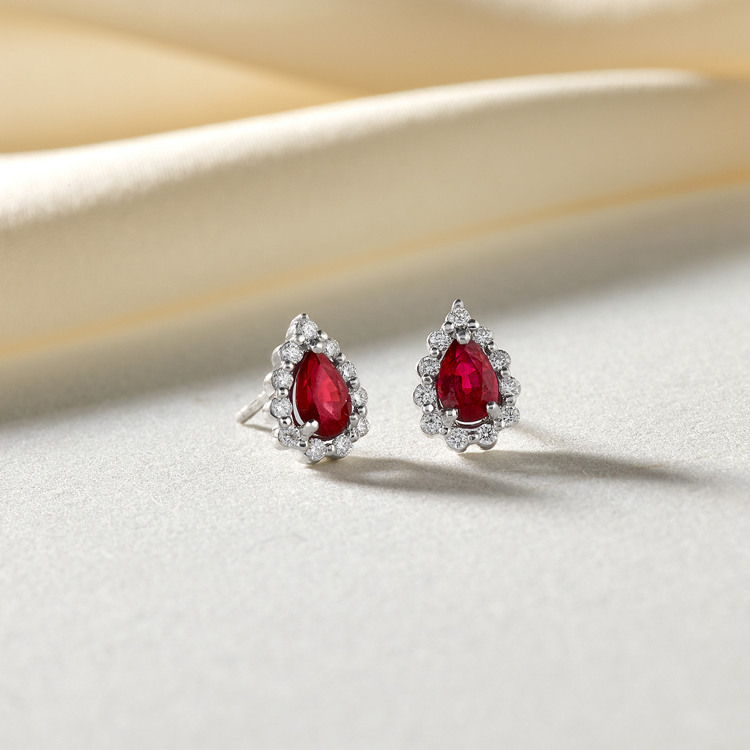Pear-Shaped Natural Ruby and Natural Diamond Earrings