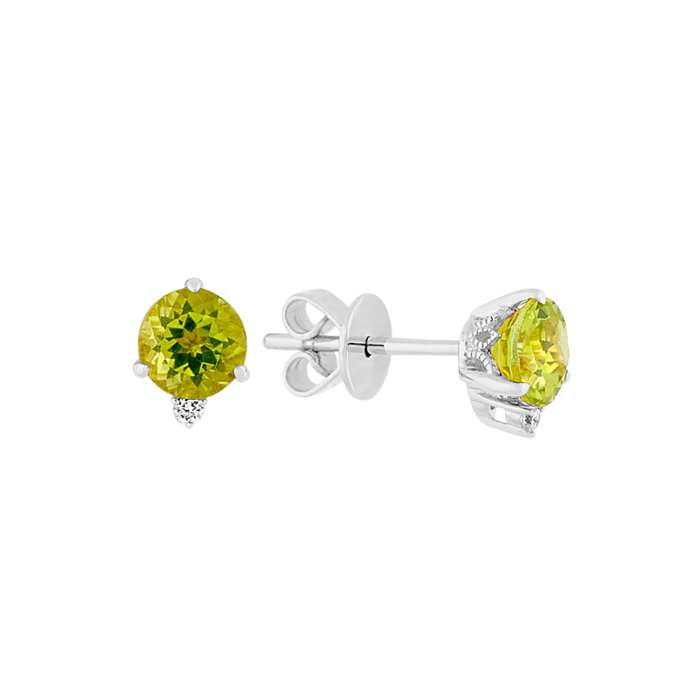 Natural Peridot and Natural Diamond Earrings in 14k White Gold