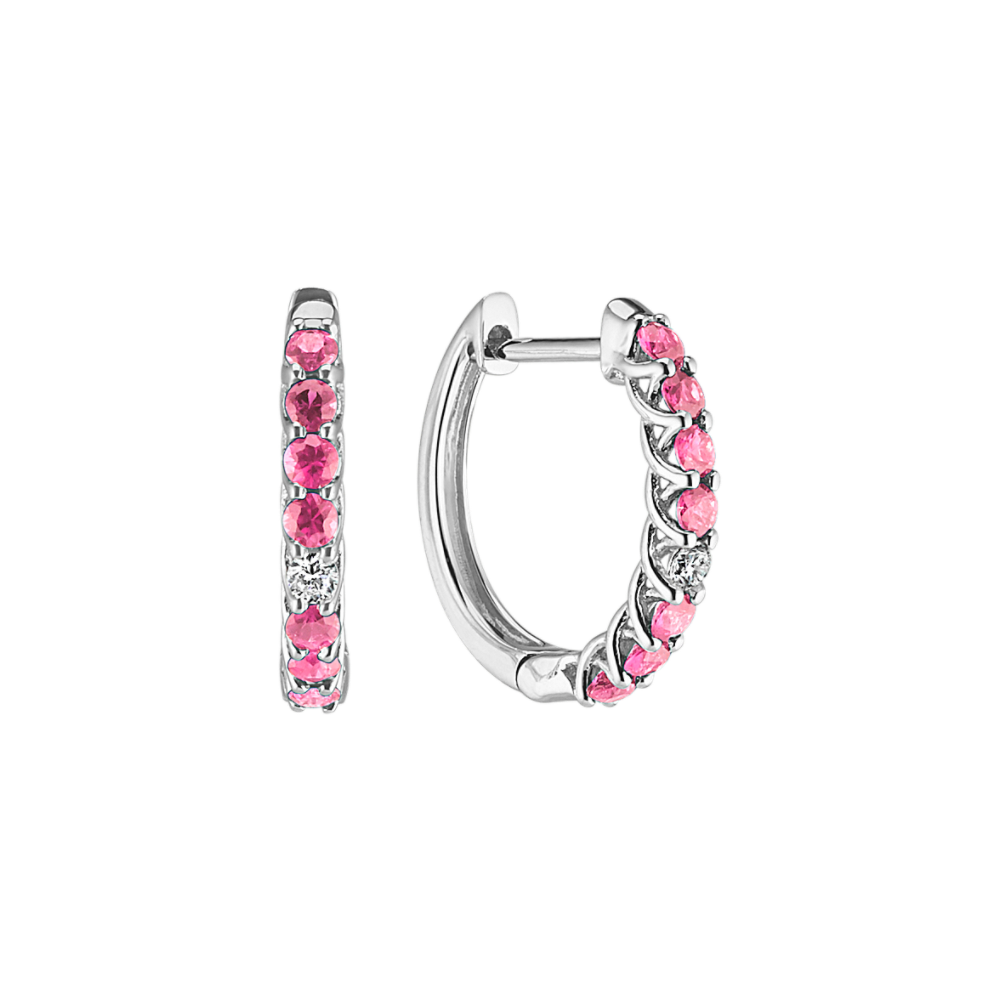 Pink Natural Sapphire and Natural Diamond Hoop Earrings