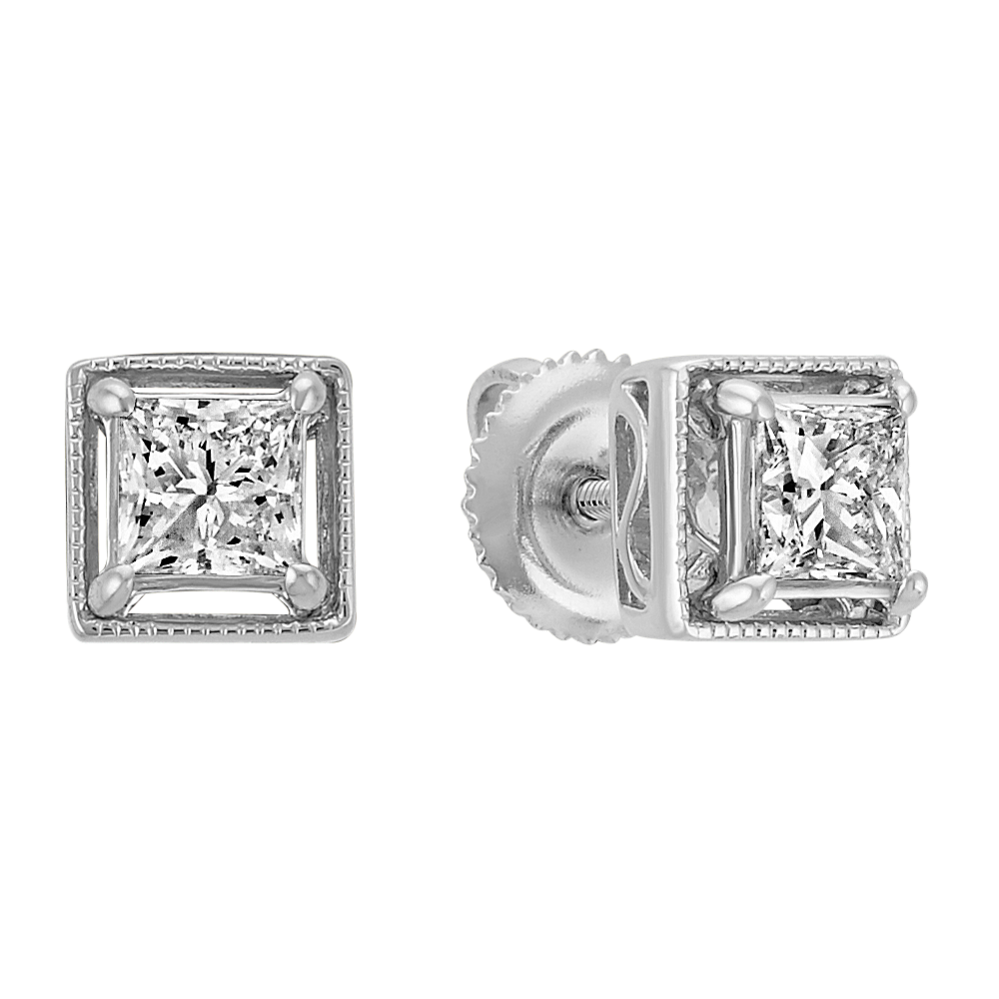 Princess Cut Diamond Stud Earrings with Milgrain Halo
