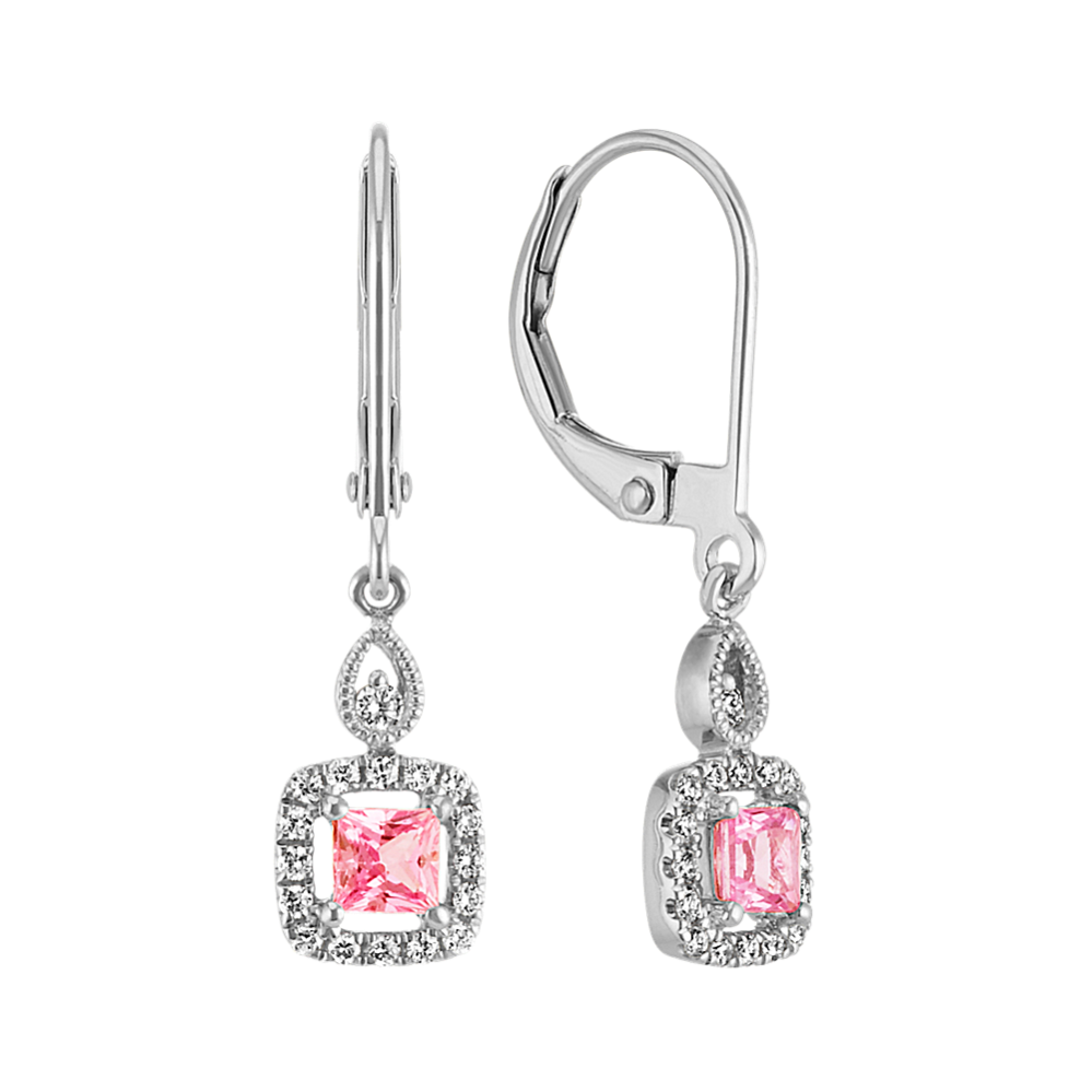 Princess Cut Pink Sapphire and Round Diamond Leverback Earrings