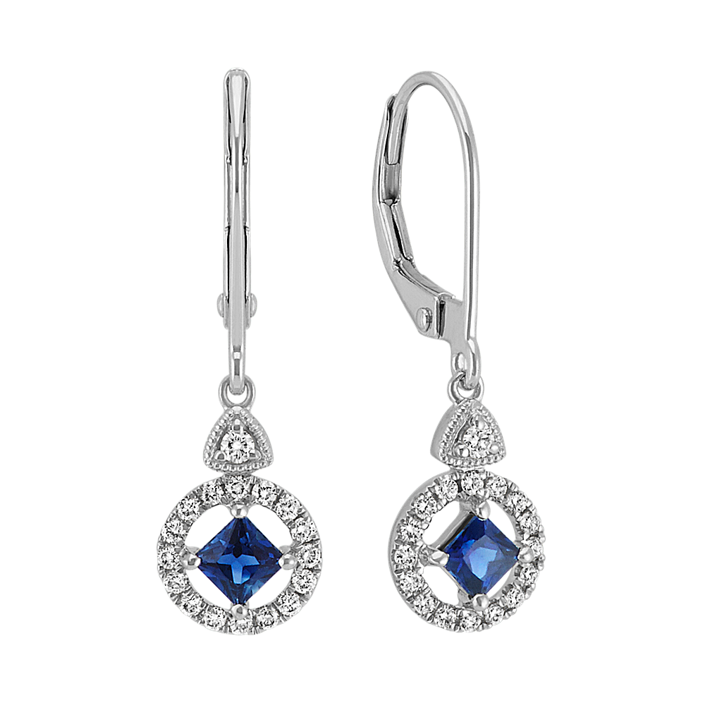 Princess Cut Sapphire and Round Diamond Halo Earrings in 14k White Gold ...