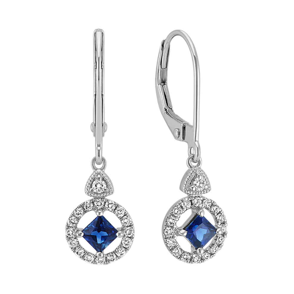 Princess Cut Sapphire and Round Diamond Halo Earrings in 14k White Gold